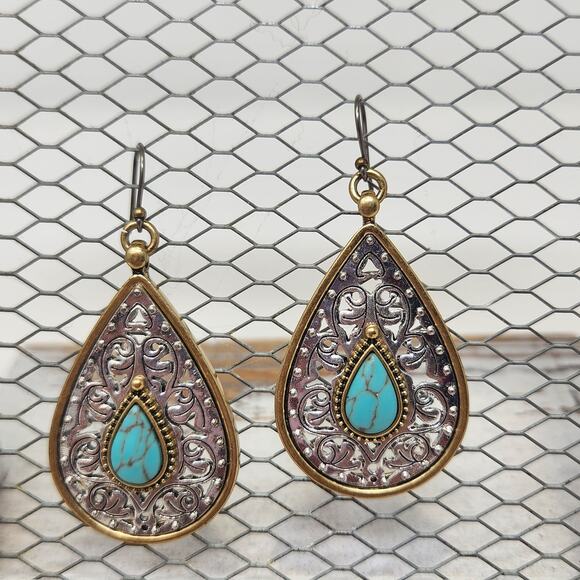 Lucky Brand Two Tone Faux Turquoise Teardrop Drop Hook Earrings Boho Western - Picture 2 of 5